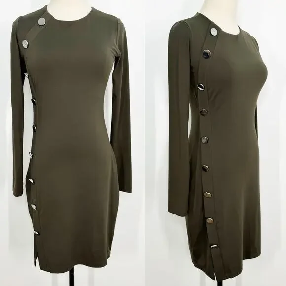 Susana Monaco Button Detail Dress Olive Green Long Sleeve Bodycon Office Size S - Picture 2 of 10
